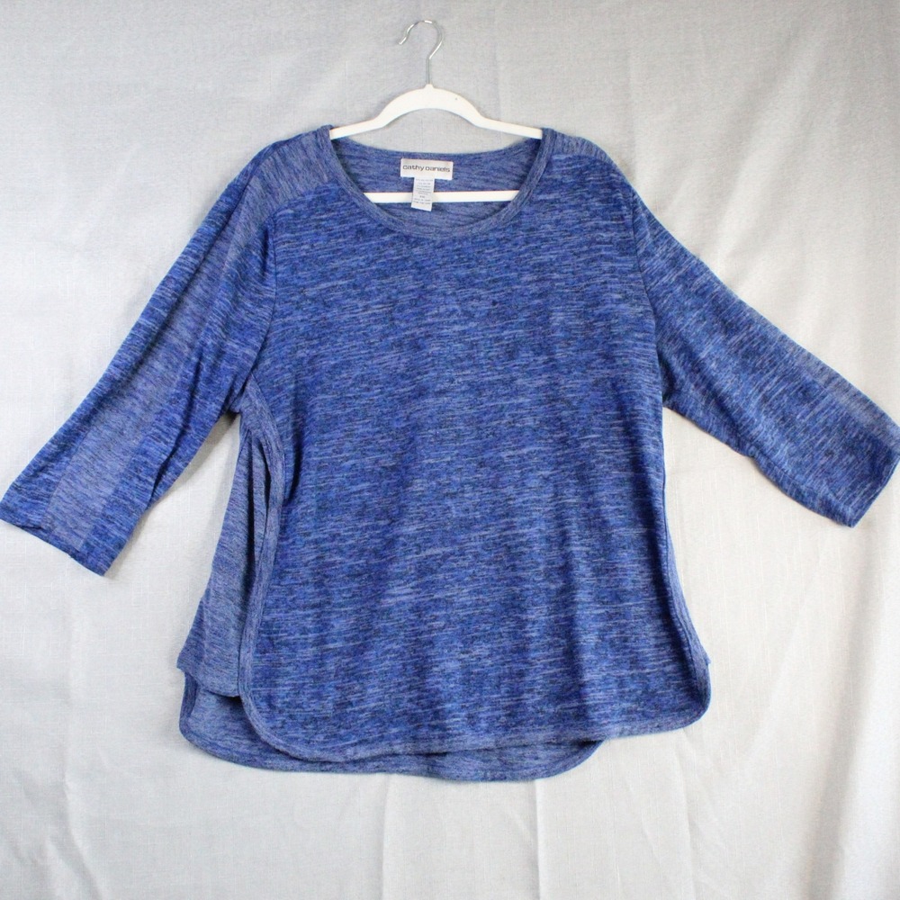 Cathy Daniels Blue Space Dye Knit Top XXL Coastal Grandma Minimalist 3/4 Sleeve